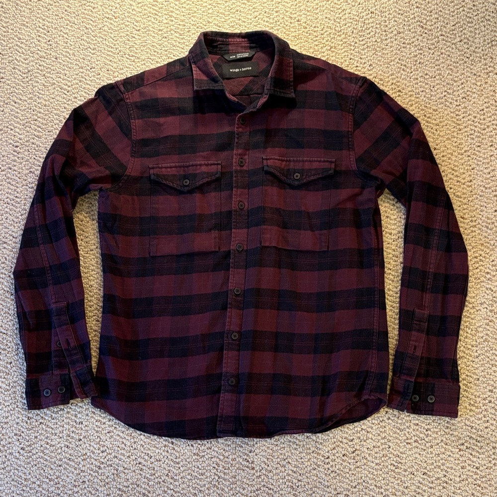 Wings + Horns Men's Burgundy and Black Plaid Button-Down Shirt